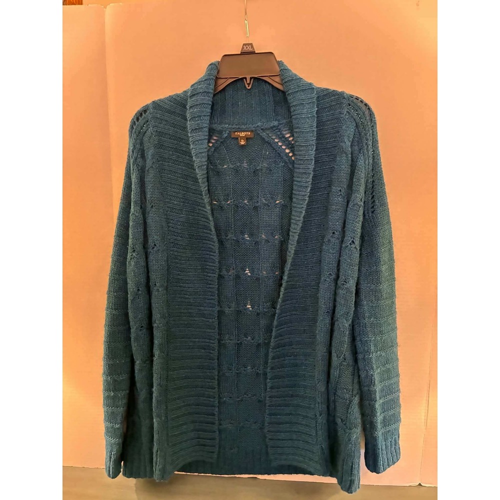 Talbots Cardigan Sweater Womens SP Teal Cable Knit Pointelle Open Front Petite